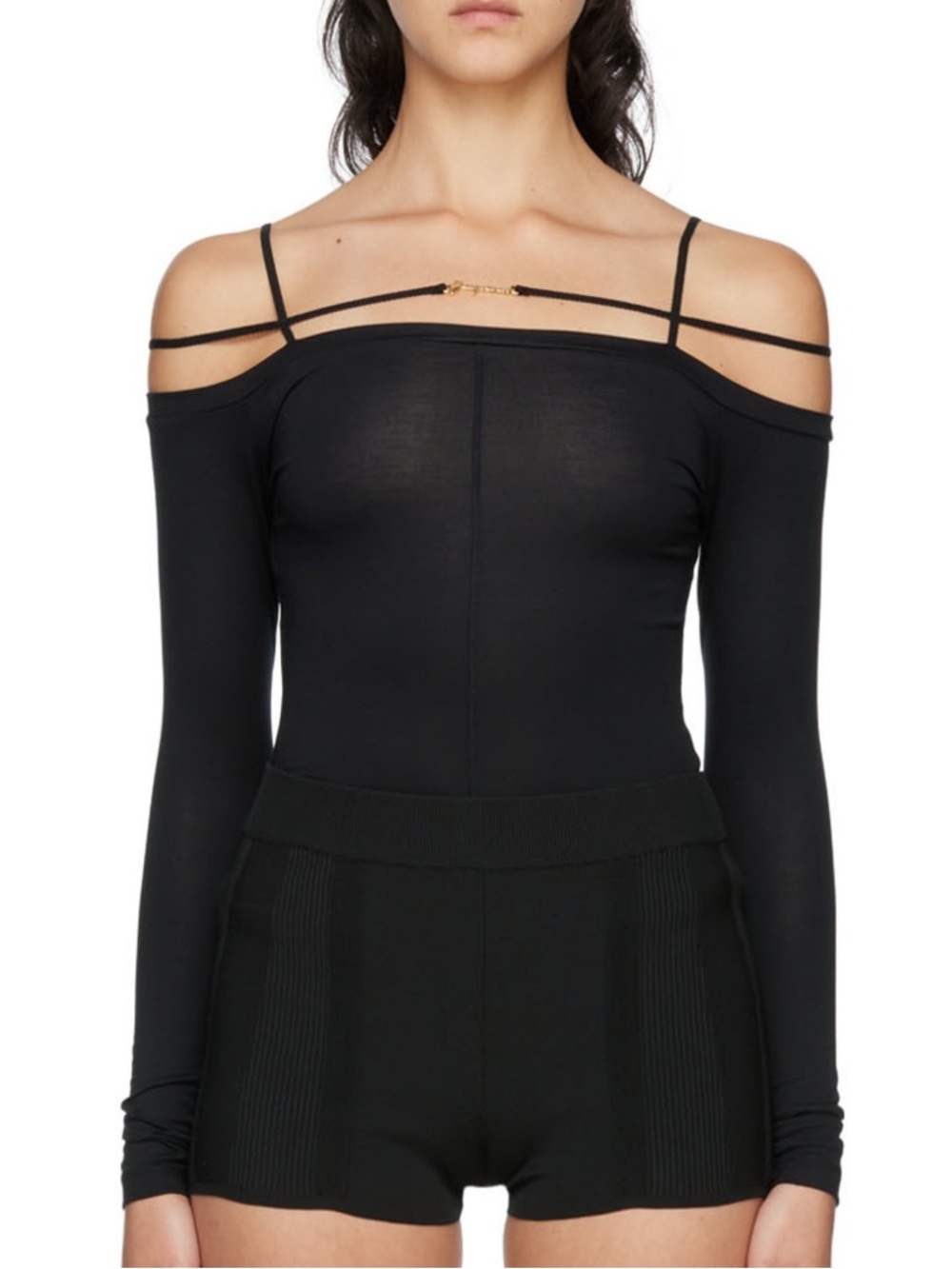 Jacquemus Black Off-Shoulder Long Sleeve Bodysuit with Strap Detail